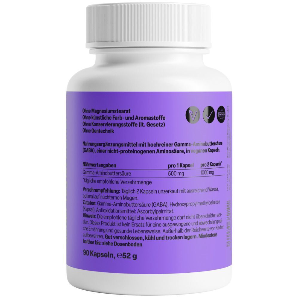 Weiße Flasche mit lila Etikett. Aufschrift: Zein Pharma, GABA 500mg. Rückseite mit Nährwertangaben und Inhaltsstoffen. Weiße Kappe.