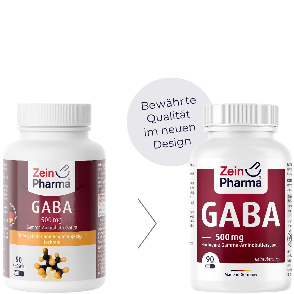 Zwei Flaschen, links mit gelbem Etikett, rechts mit rotem Etikett. Aufschrift: Zein Pharma, GABA 500mg. Text: Bewährte Qualität im neuen Design.