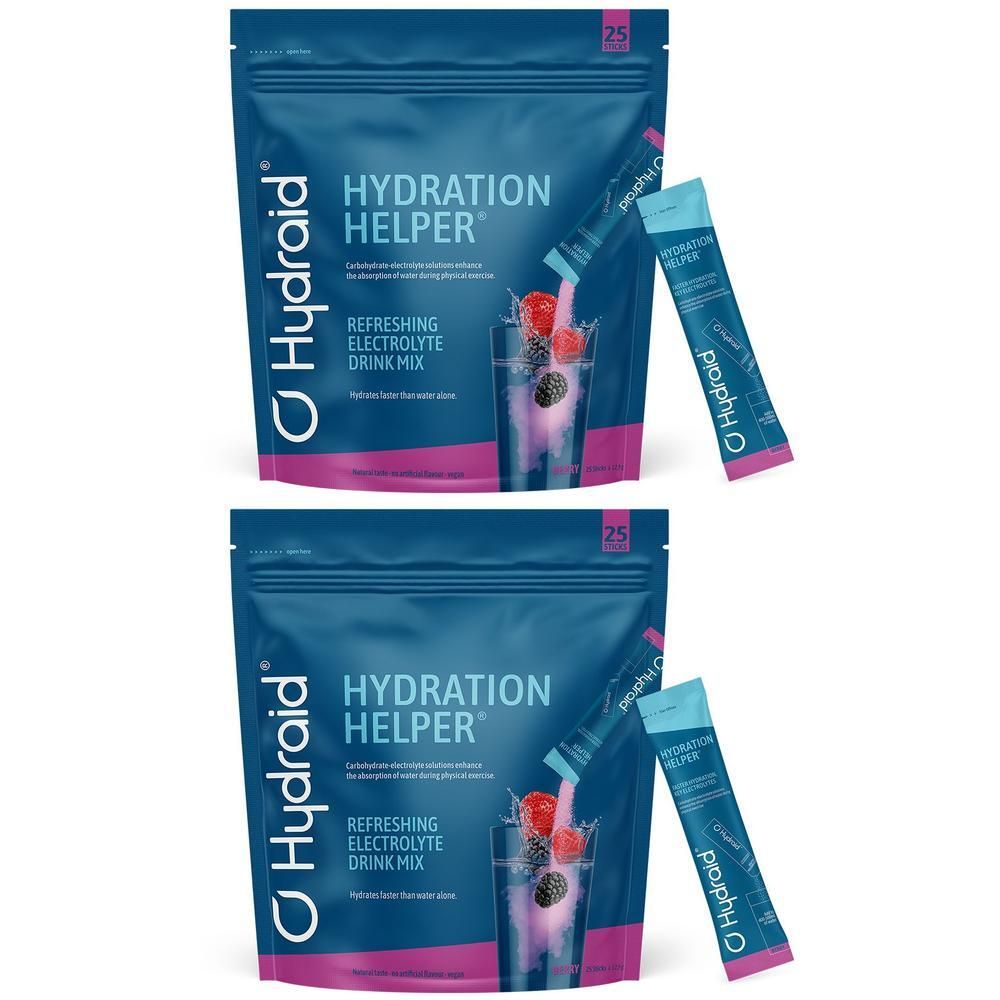 Zwei Beutel und zwei Sticks. Beutel mit Hydration Helper, erfrischendem Elektrolyt-Drink-Mix. Sticks mit Hydraid Logo.
