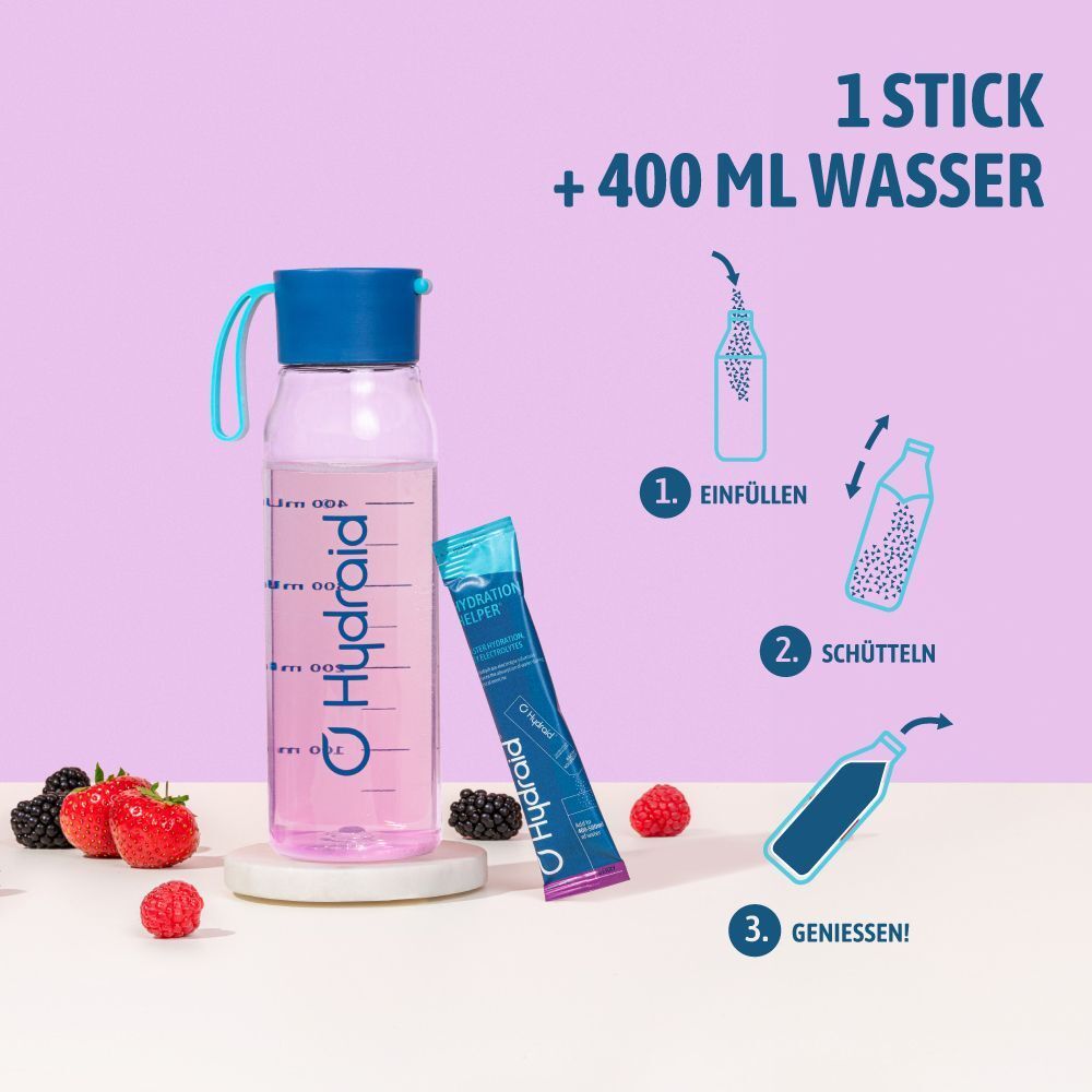 Flasche mit rosa Flüssigkeit, Stick und Früchten. Schritte: 1. Einfüllen, 2. Schütteln, 3. Genießen! Hydraid Logo auf der Flasche.