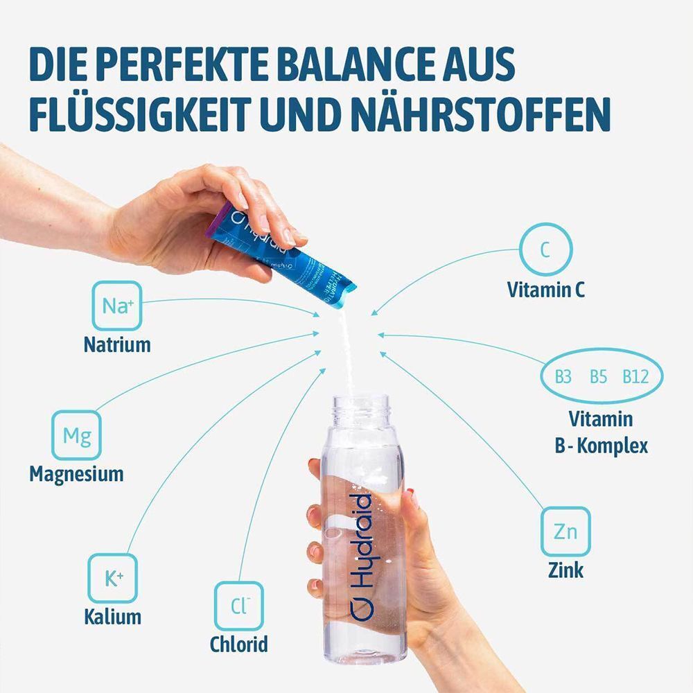 Hände halten eine Flasche und einen Stick. Auf der Flasche ist das Hydraid Logo. Nährstoffe: Vitamin C, B-Komplex, Zink.