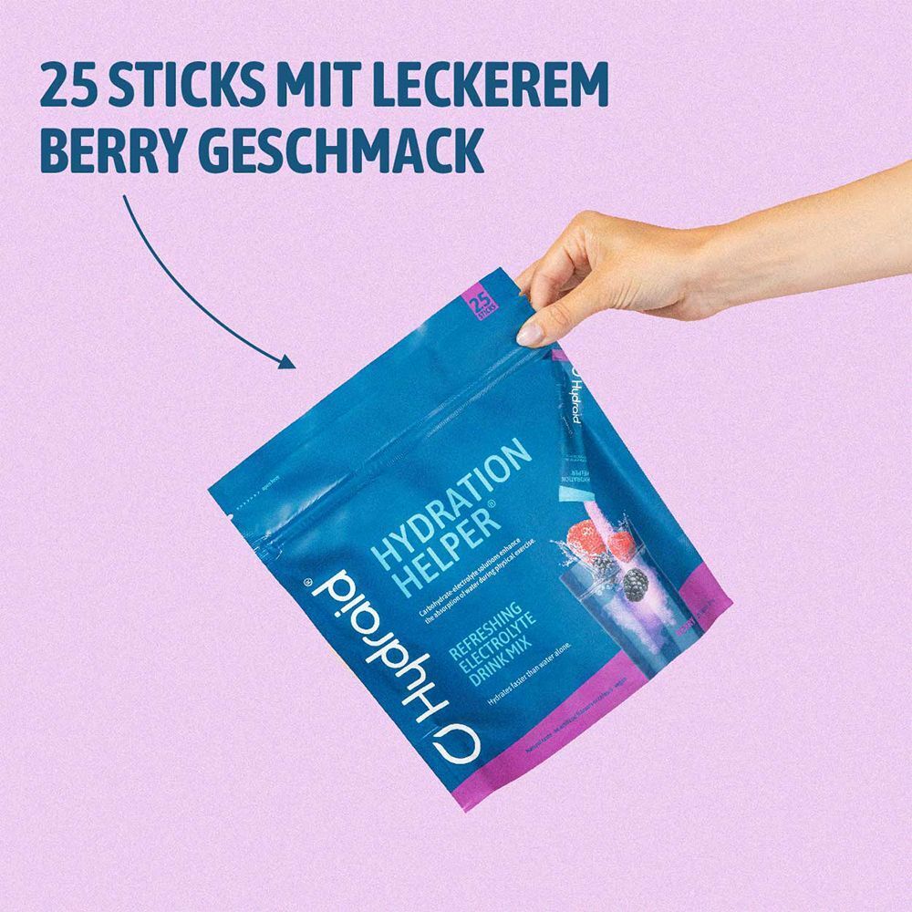 Hand hält einen Beutel mit Hydration Helper. Auf dem Beutel steht: 25 Sticks mit Berry-Geschmack. Hydraid Logo.