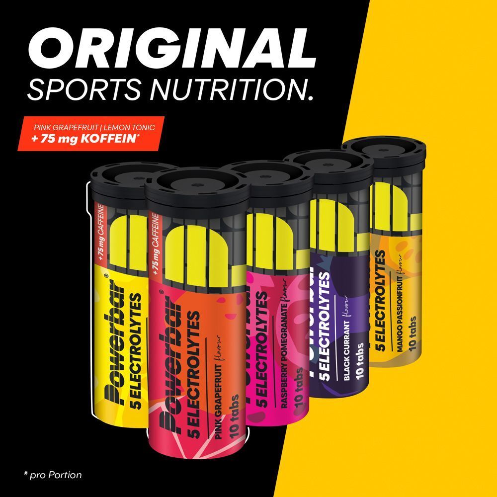 Mehrere zylindrische Behälter. Aufschrift: Powerbar 5 ELECTROLYTES, verschiedene Geschmacksrichtungen, 10 Tabs. Text: ORIGINAL SPORTS NUTRITION.