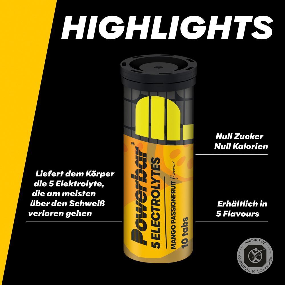Zylindrischer Behälter. Aufschrift: Powerbar 5 ELECTROLYTES Mango Passionfruit flavour, 10 Tabs. Text: Null Zucker, Null Kalorien, 5 Geschmacksrichtungen.
