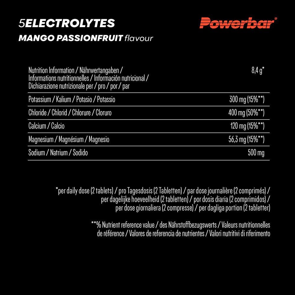 Nährwerttabelle. Angaben zu Kalium, Chlorid, Calcium, Magnesium und Natrium. Text: 5ELECTROLYTES Mango Passionfruit flavour.