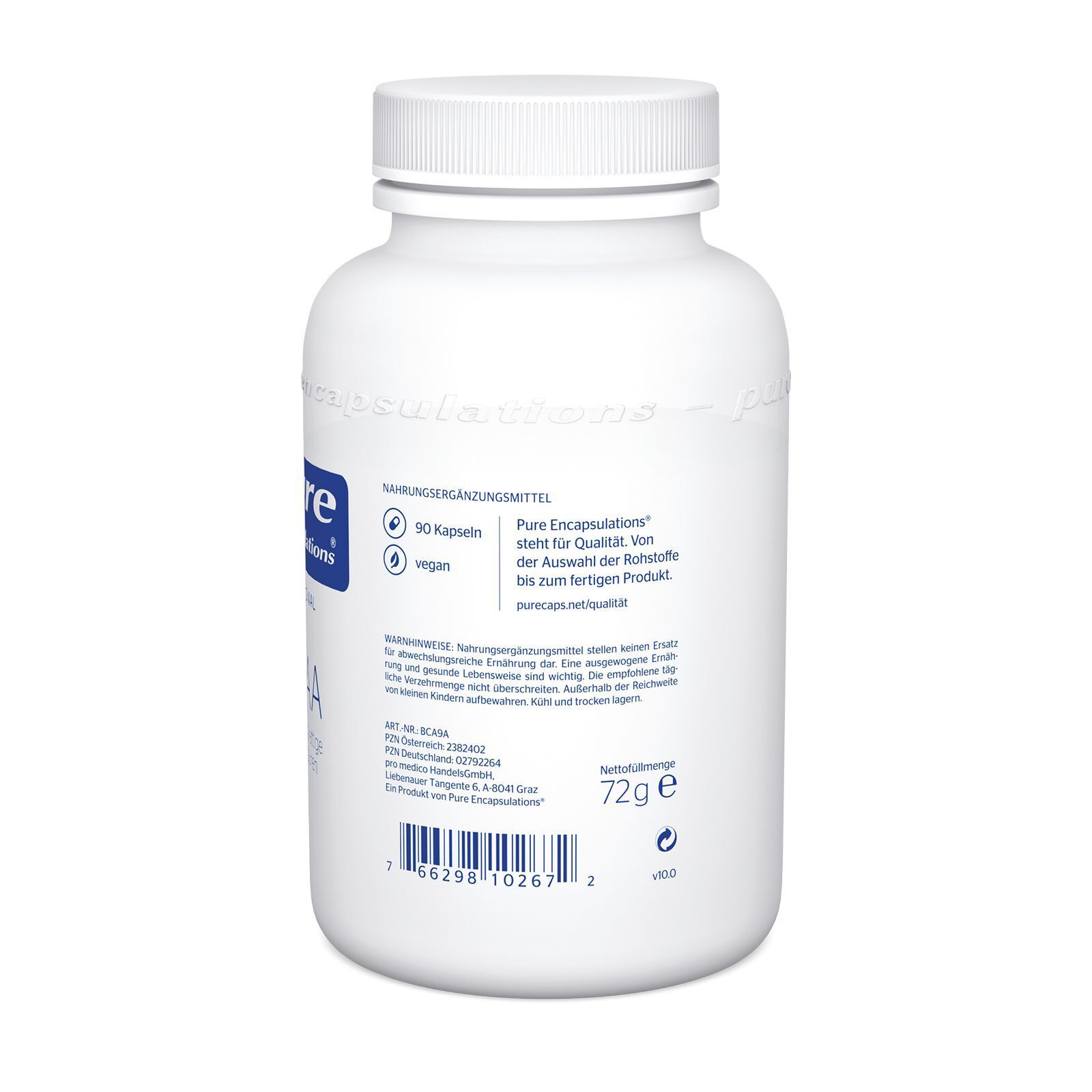 Weiße Flasche mit Schraubverschluss. Rückseite mit Text: pure encapsulations®, 90 Kapseln, vegan, 72g.