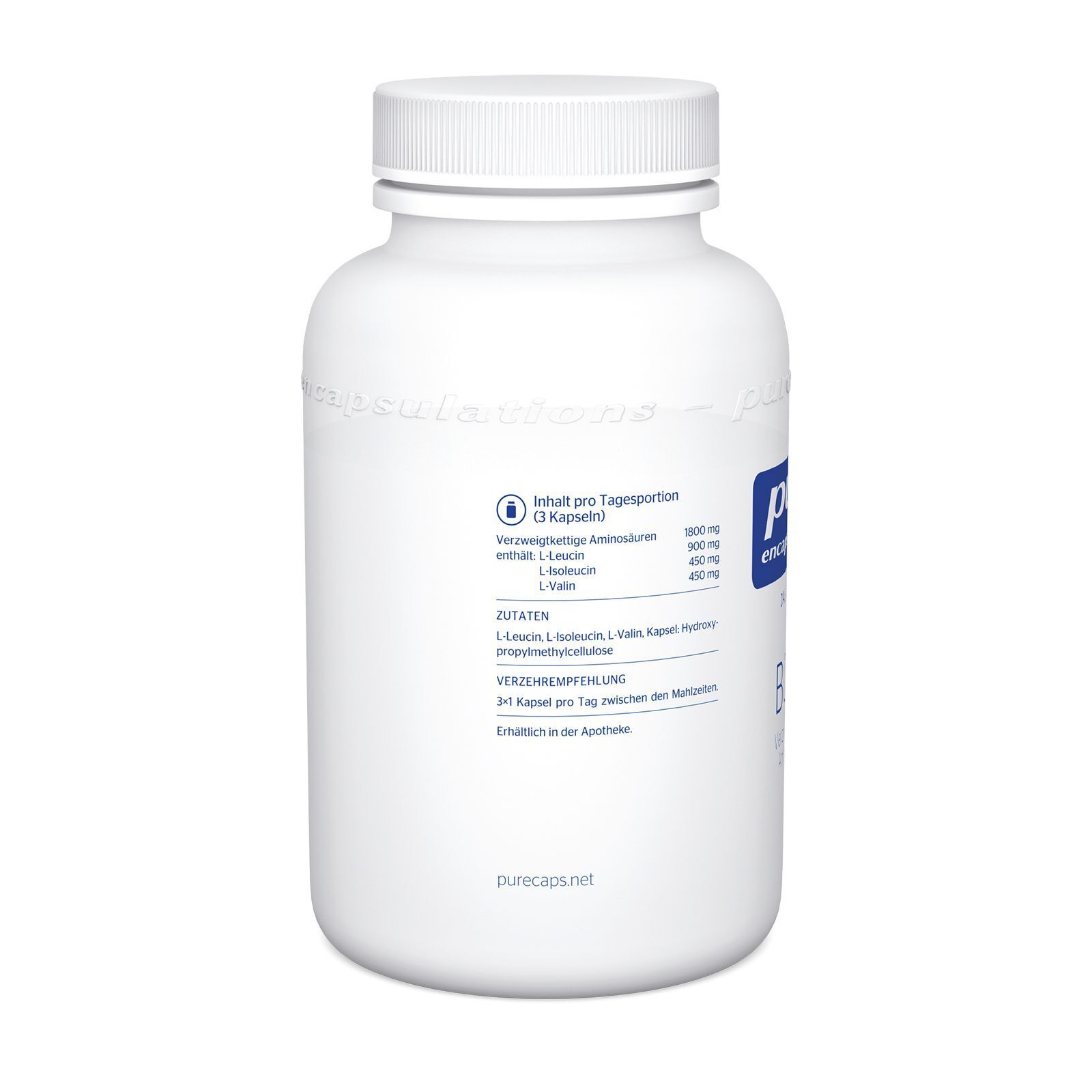 Weiße Flasche mit Schraubverschluss. Aufschrift: pure encapsulations®. Text: Inhalt pro Tagesportion (3 Kapseln).
