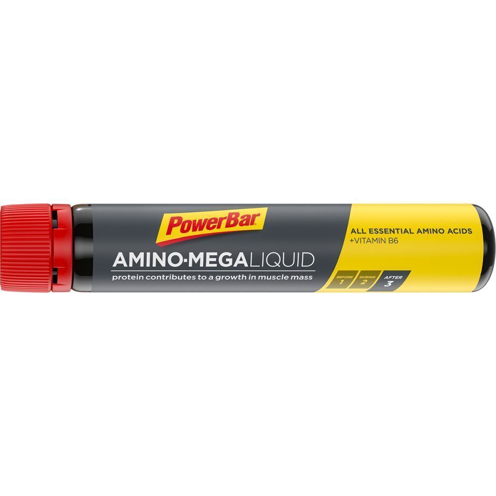 Einzelne PowerBar Amino Mega Liquid Flasche. Schwarze Flasche mit roter Kappe. Gelber Aufdruck mit Text.