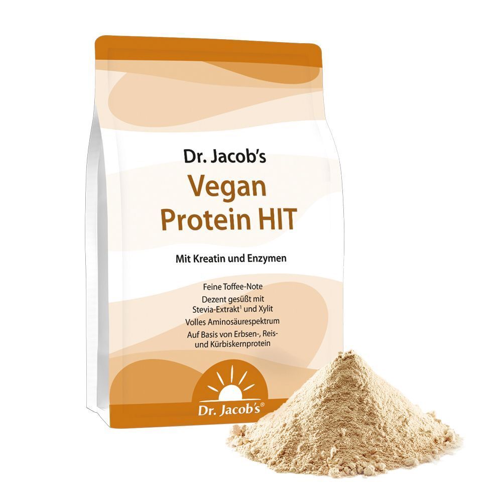 Beutel Dr. Jacob's Vegan Protein HIT und Proteinpulver. Weißer Beutel mit braunen Akzenten. Text: Vegan Protein HIT, Mit Kreatin und Enzymen.