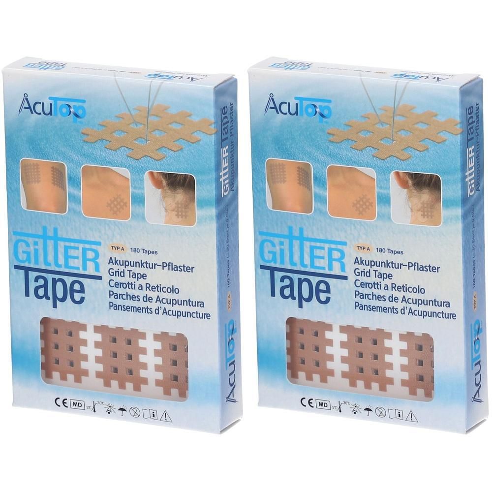 Zwei Kartons Gitter Tape Akupunktur-Pflaster. Aufdruck: Gitter Tape, Akupunktur-Pflaster, Grid Tape. Gezeigt sind Beispiele der Anwendung.