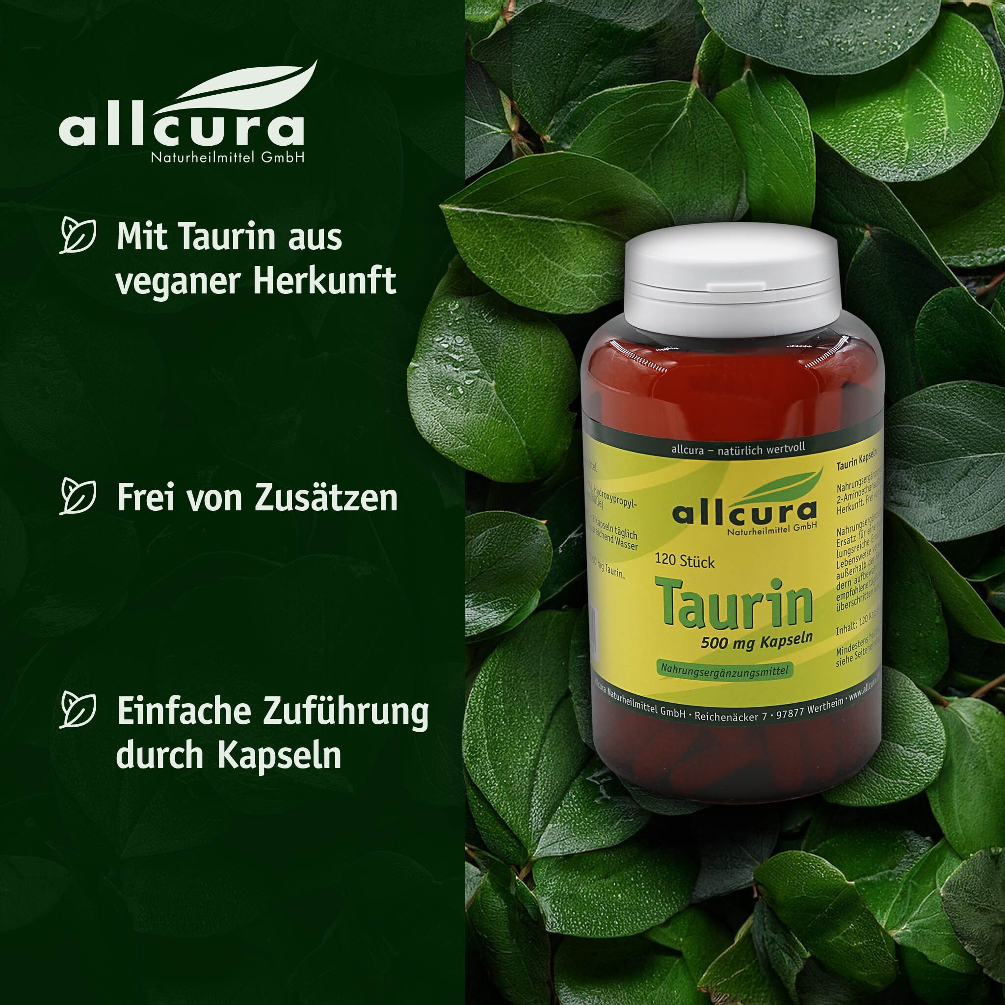 Braune Flasche mit weißem Deckel, umgeben von grünen Blättern. Gelbes Etikett mit grüner Schrift: Taurin 500 mg Kapseln, 120 Stück. Marke: allcura.
