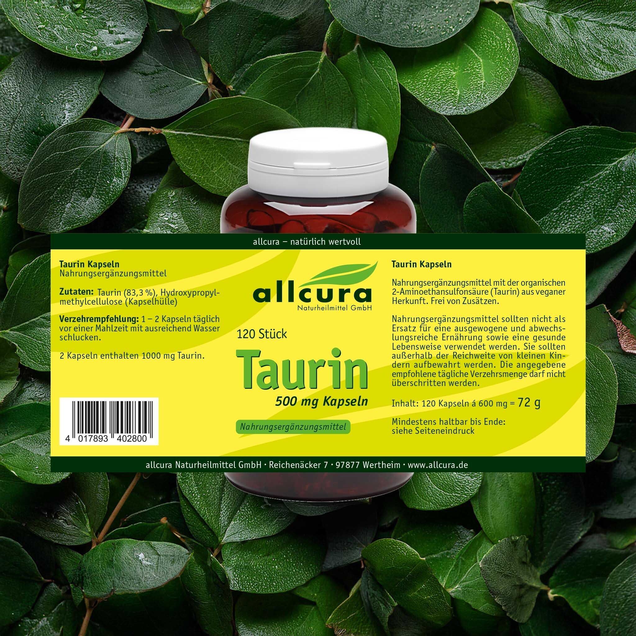 Braune Flasche mit weißem Deckel, umgeben von grünen Blättern. Gelbes Etikett mit grüner Schrift: Taurin 500 mg Kapseln, 120 Stück. Marke: allcura.