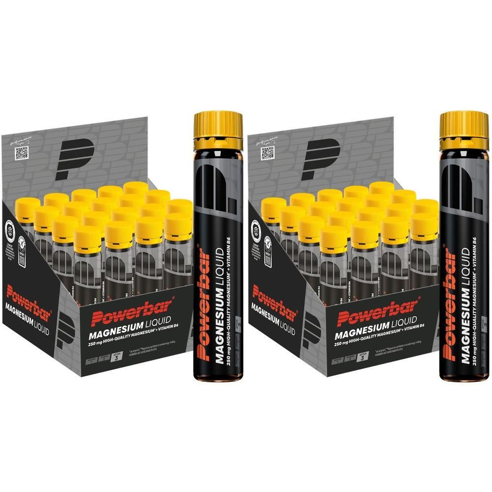 Zwei Kartons mit PowerBar Magnesium Liquid. Jede Packung enthält mehrere Fläschchen mit gelben Kappen. Schwarze Flaschen mit Produktaufdruck.
