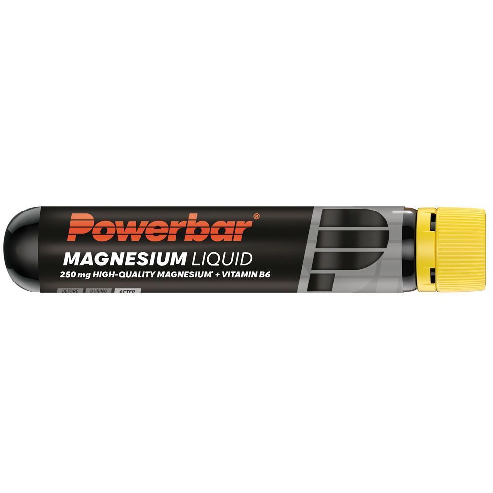 Eine einzelne Flasche PowerBar Magnesium Liquid. Schwarze Flasche mit gelber Kappe. Produktname und Informationen aufgedruckt.