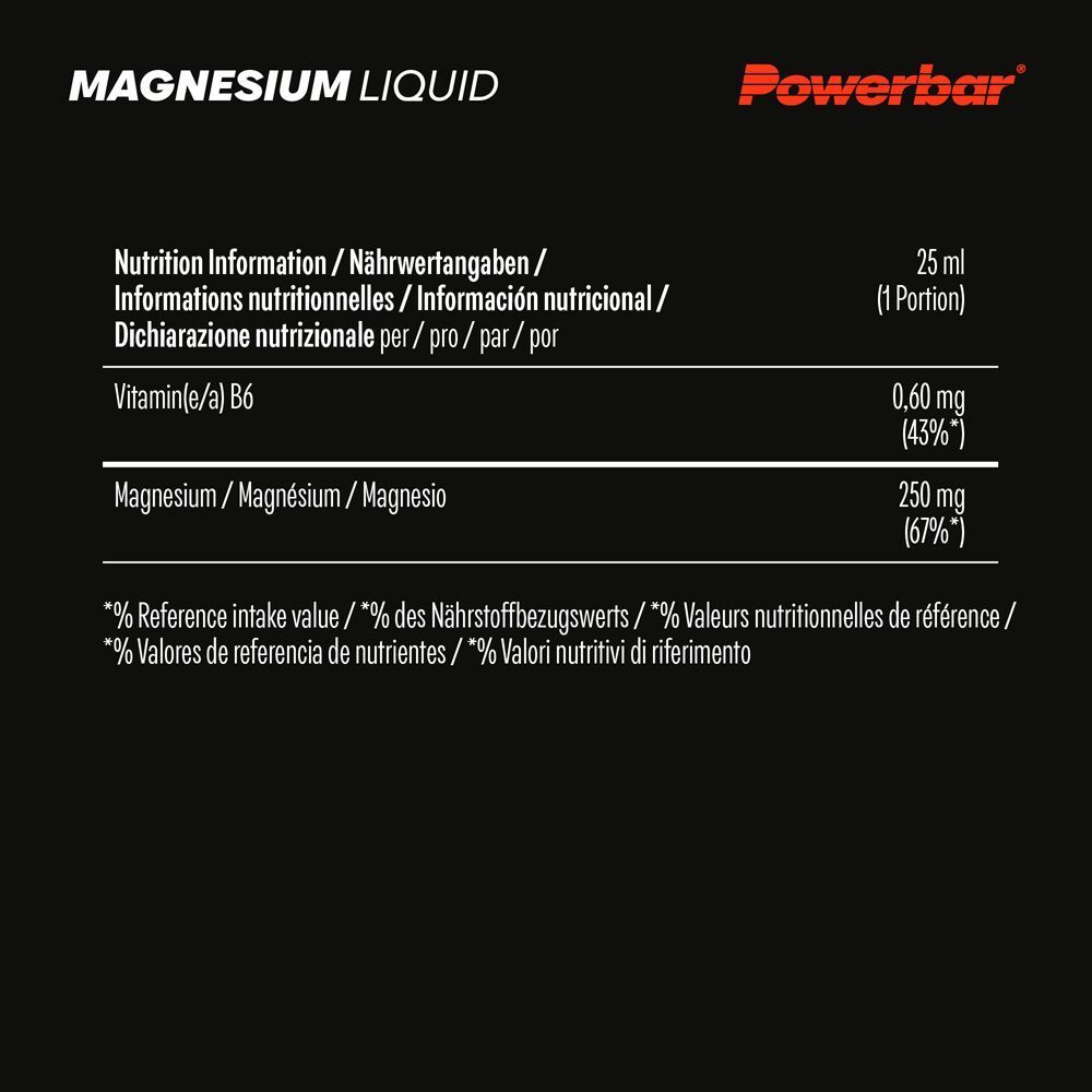 Nährwertangaben für PowerBar Magnesium Liquid. Enthält Informationen zu Vitamin B6 und Magnesium. Schwarzer Hintergrund.