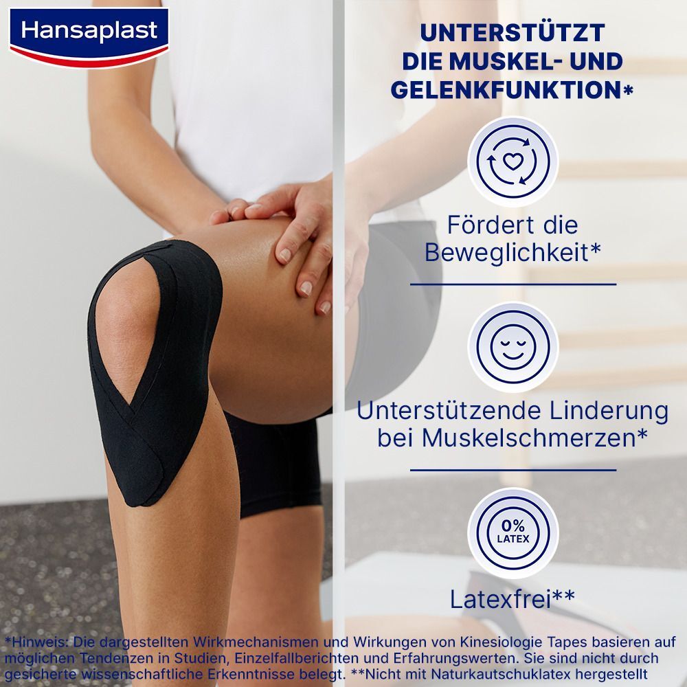 Bein mit schwarzem Kinesiologie Tape. Text: Unterstützt die Muskel- und Gelenkfunktion, fördert die Beweglichkeit, schmerzlindernd.