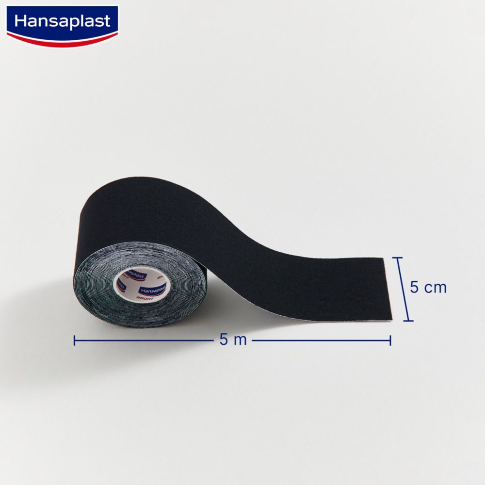 Rolle schwarzes Kinesiologie Tape. Maße: 5 cm x 5 m. Hansaplast-Logo.