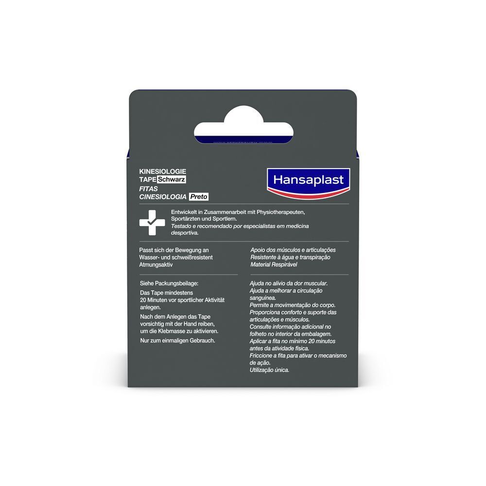 Rückseite der Kinesiologie Tape Verpackung. Text in Deutsch, Italienisch, Französisch. Hansaplast-Logo.