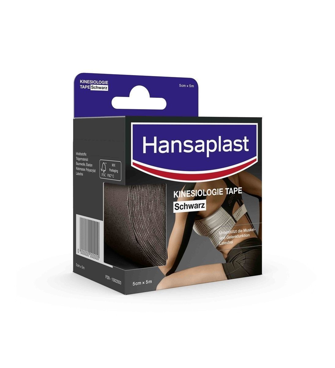 Kinesiologie Tape Schwarz Verpackung. Hansaplast-Logo. Produktabbildung. Maße: 5cm x 5m.