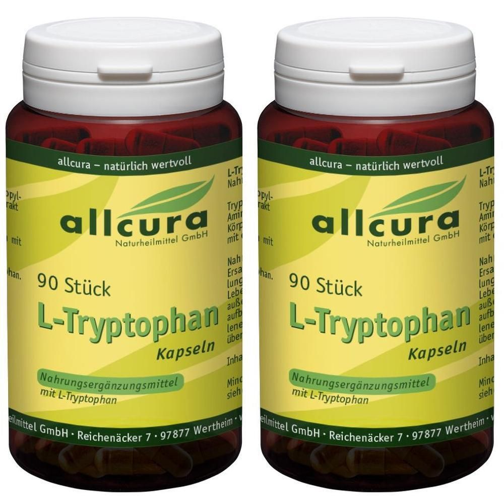 Zwei Flaschen mit weißen Deckeln. Aufschrift: allcura L-Tryptophan Kapseln. 90 Stück. Braune Kapseln sichtbar.