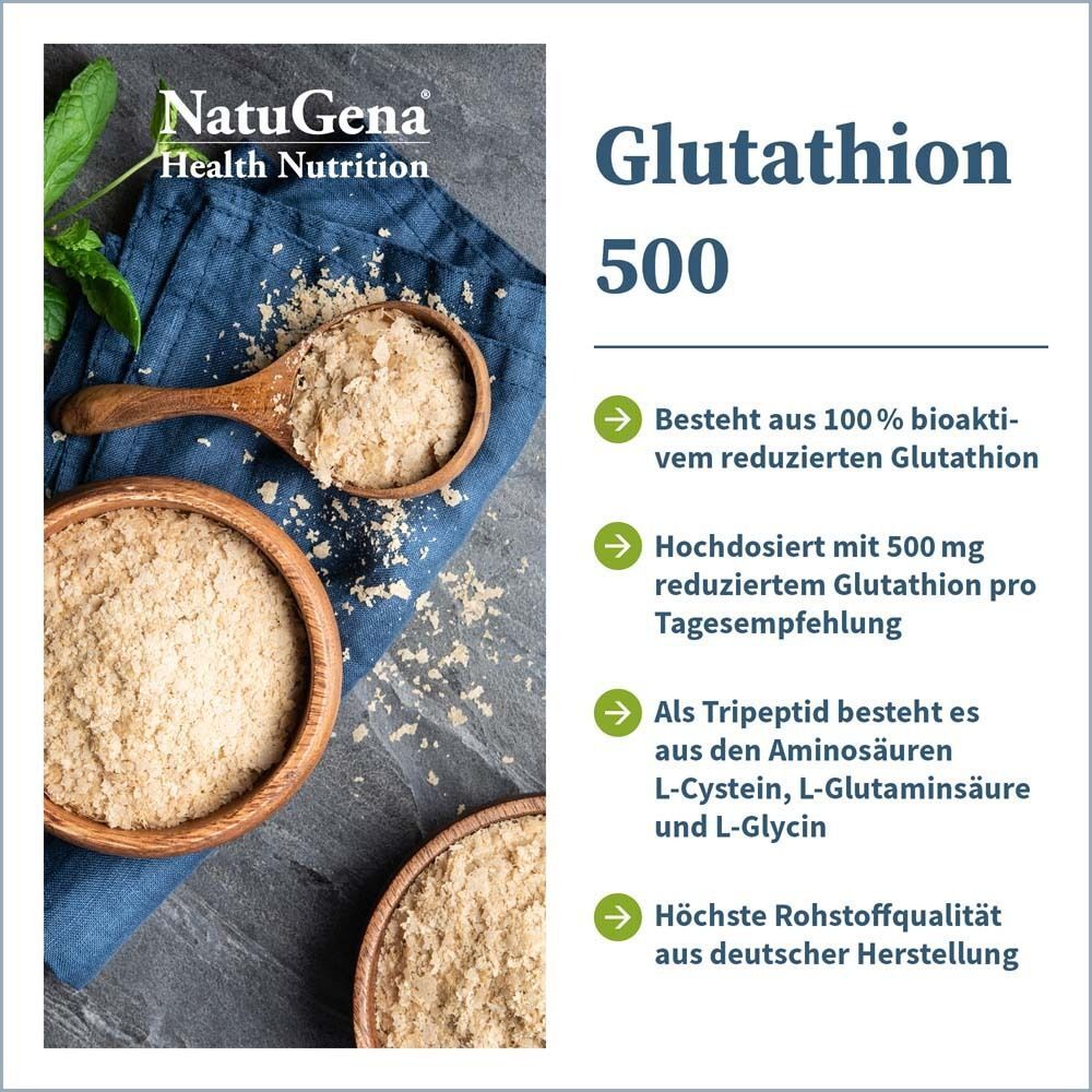 Werbefoto mit Holzschale und Löffel mit braunem Pulver. Text: Glutathion 500, besteht aus 100% bioaktivem reduziertem Glutathion.