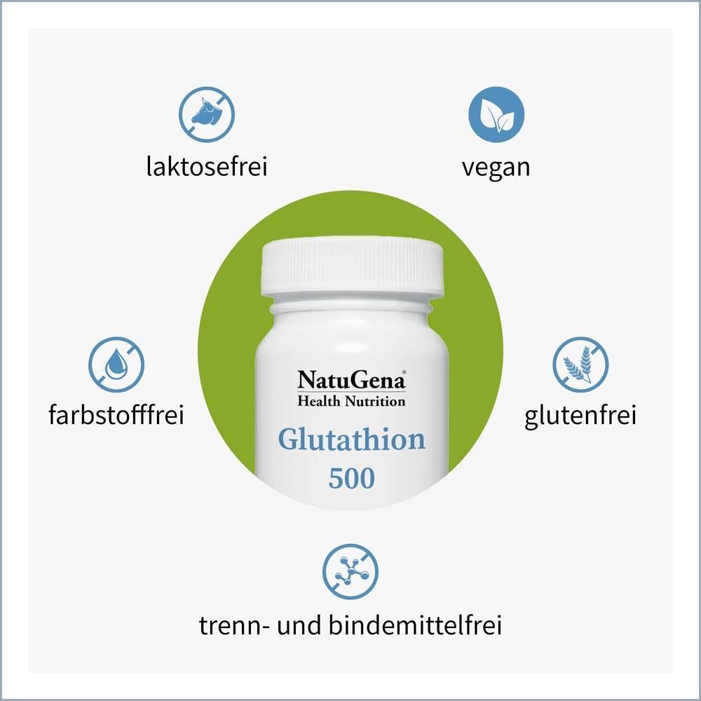 Weiße Flasche mit Etikett: NatuGena, Glutathion 500. Kreisförmig angeordnete Symbole: laktosefrei, vegan, farbstofffrei, glutenfrei, trenn- und bindemittelfrei.