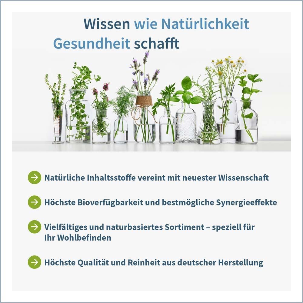 Verschiedene Kräuter in Glasbehältern. Text: Wissen wie Natürlichkeit Gesundheit schafft. Vorteile: Natürliche Inhaltsstoffe, höchste Bioverfügbarkeit, Qualität.