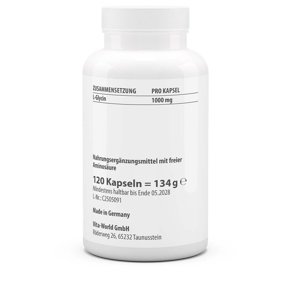 Weiße Flasche mit Etikett. Aufschrift: VitaWorld L-Glycin 1000 mg. Nahrungsergänzungsmittel. 120 Kapseln. Hergestellt in Deutschland.