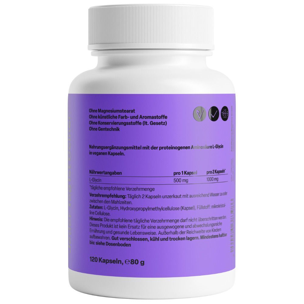 Weiße Flasche mit lila Etikett. Aufschrift: Zein Pharma, Glycin 500mg. Made in Germany. Rückseite mit Text und Nährwertangaben. Weiße Kappe.