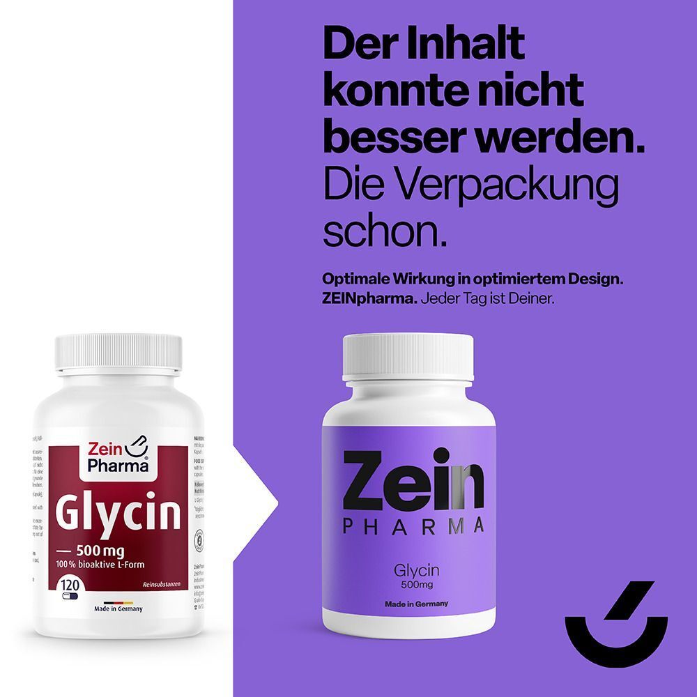 Vergleich: Flasche mit rotem Etikett und Flasche mit lila Etikett. Aufschrift: Zein Pharma, Glycin 500mg. Weiße Kappen.