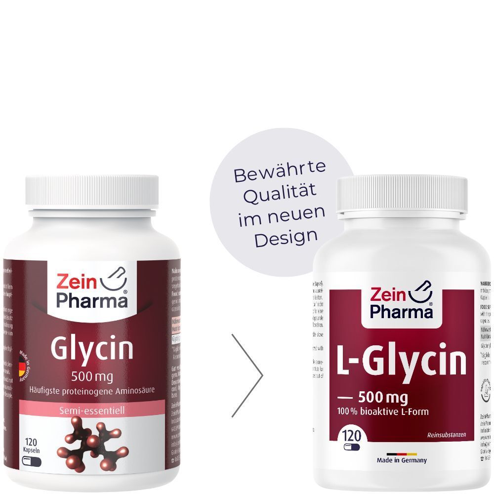 Vergleich: Flasche mit rotem Etikett und Flasche mit lila Etikett. Aufschrift: Zein Pharma, L-Glycin 500mg. Weiße Kappen.