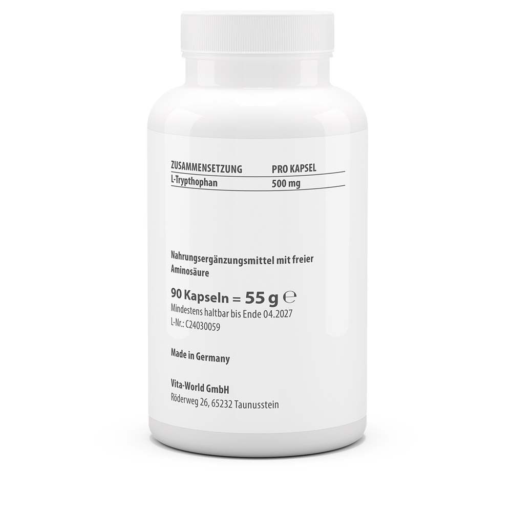 Weiße Flasche mit Etikett. Aufschrift: Zusammensetzung, L-Tryptophan 500 mg pro Kapsel. 90 Kapseln. Nahrungsergänzungsmittel.