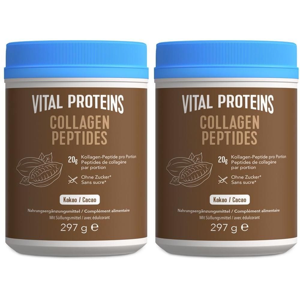 Zwei Dosen Vital Proteins Collagen Peptides. Braune Behälter mit blauem Deckel. Text: Collagen Peptides, Kakao, 297 g.