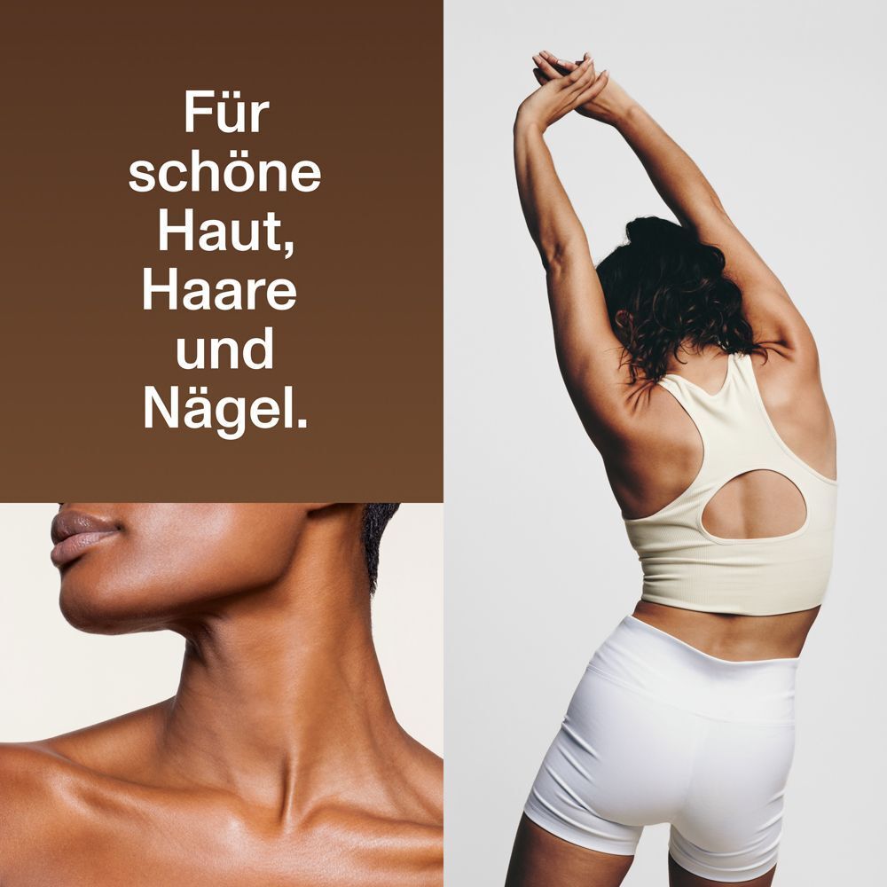 Frau mit erhobenen Armen und Ausschnitt. Text: Für schöne Haut, Haare und Nägel. Ausschnitt einer Frau.