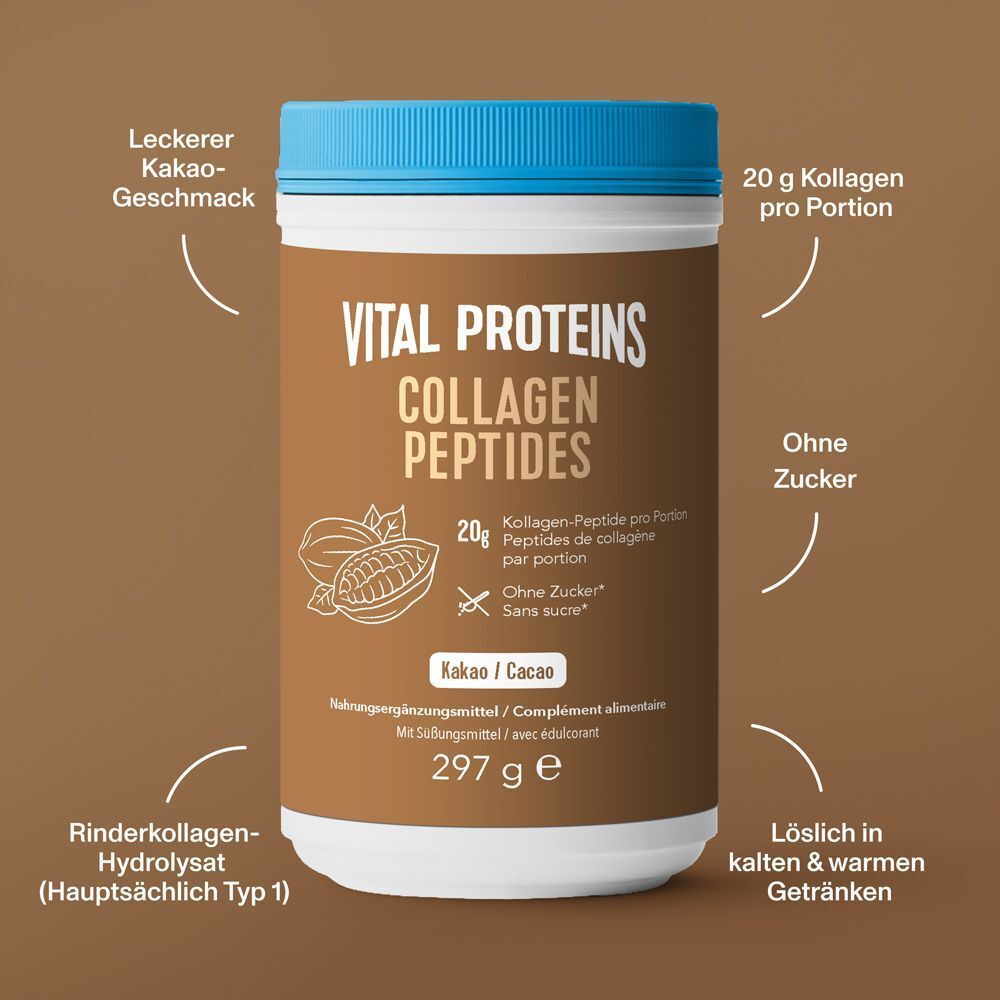 Produkt mit Beschriftungen. Text: Vital Proteins Collagen Peptides, 20 g Kollagen pro Portion, ohne Zucker, Kakao. 297 g.