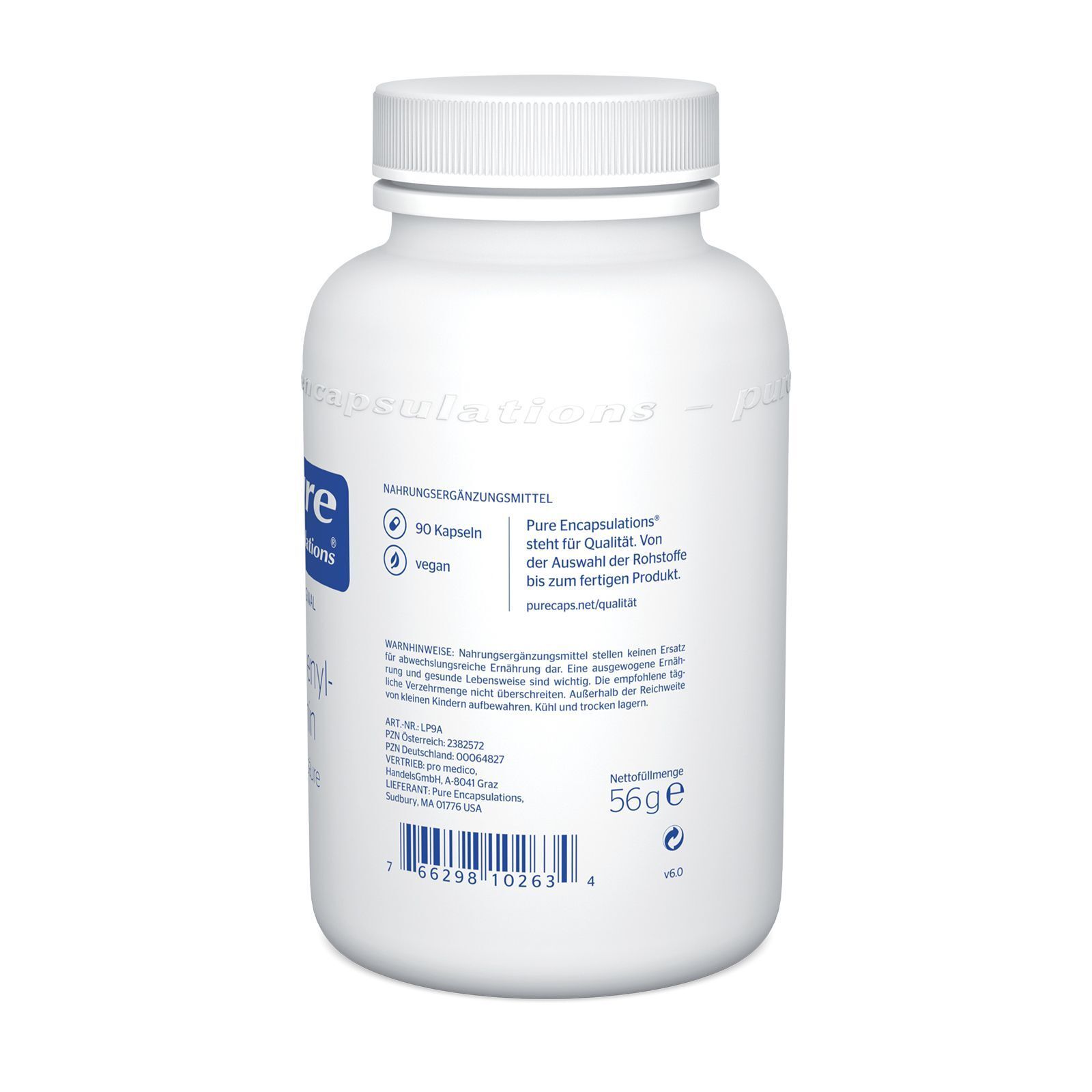 Weiße Flasche mit Schraubverschluss. Rückseite mit Etikett. Text: "Pure Encapsulations", "90 Kapseln", "vegan", und weitere Informationen.