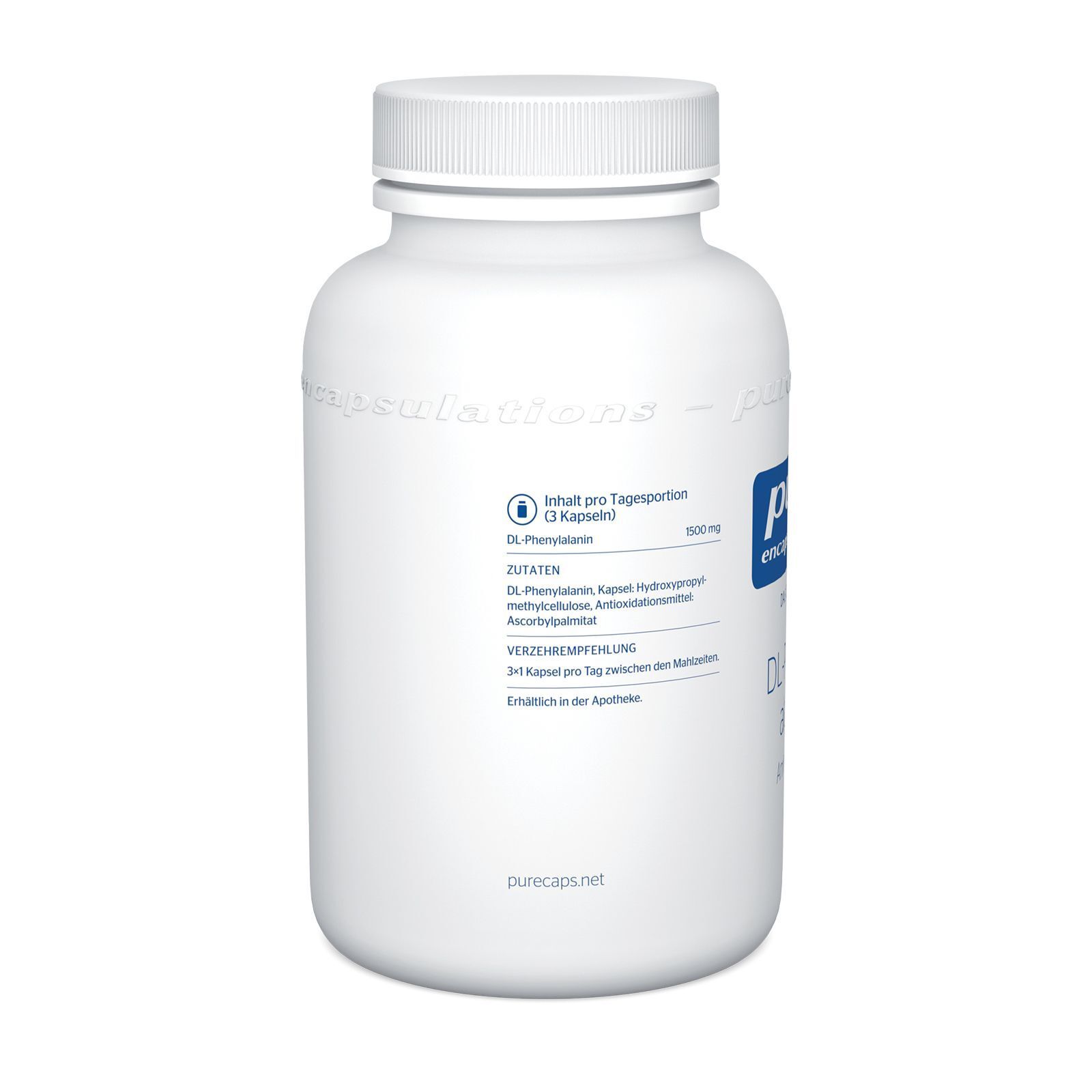 Weiße Flasche mit Schraubverschluss. Etikett mit Informationen zu Inhaltsstoffen und Verzehrempfehlung. Text: "DL-Phenylalanin".