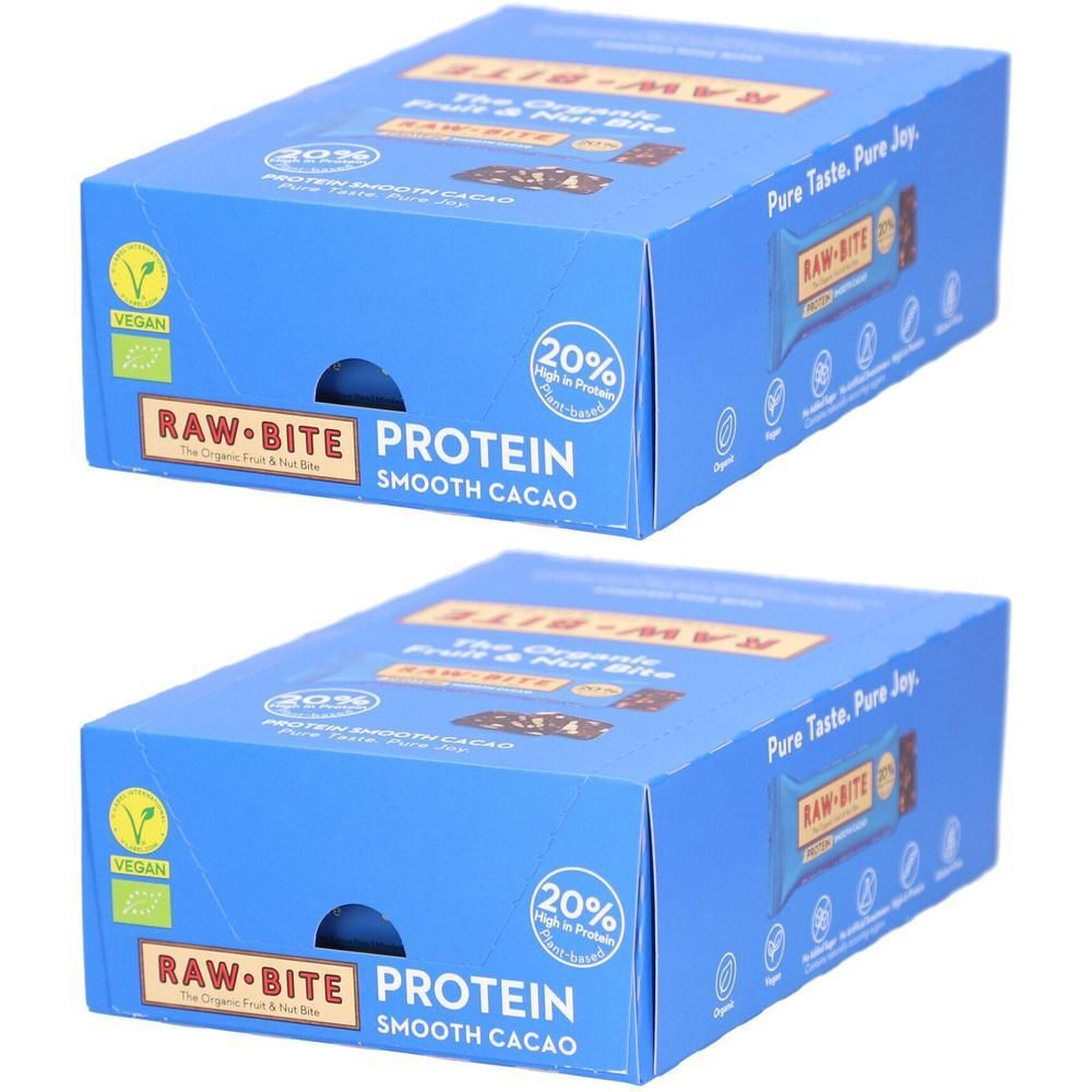 Zwei blaue Kartons mit RAWBITE Protein Smooth Cacao. Aufdrucke: Vegan-Siegel, 20% Protein, Markenname. Text: Pure Taste. Pure Joy.