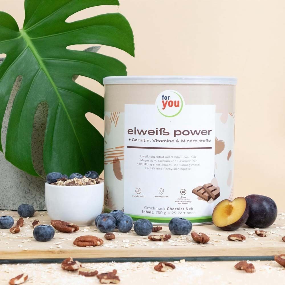 Dose "for you eiweiß power Chocolat noir" neben Blaubeeren, Pflaume, Pekannüssen und einer Schale Müsli. Grünpflanze im Hintergrund.