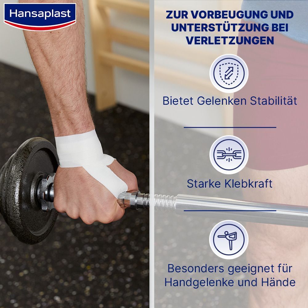 Person hält Hantel mit bandagiertem Handgelenk. Text: Bietet Gelenken Stabilität, Starke Klebkraft, Geeignet für Handgelenke und Hände.