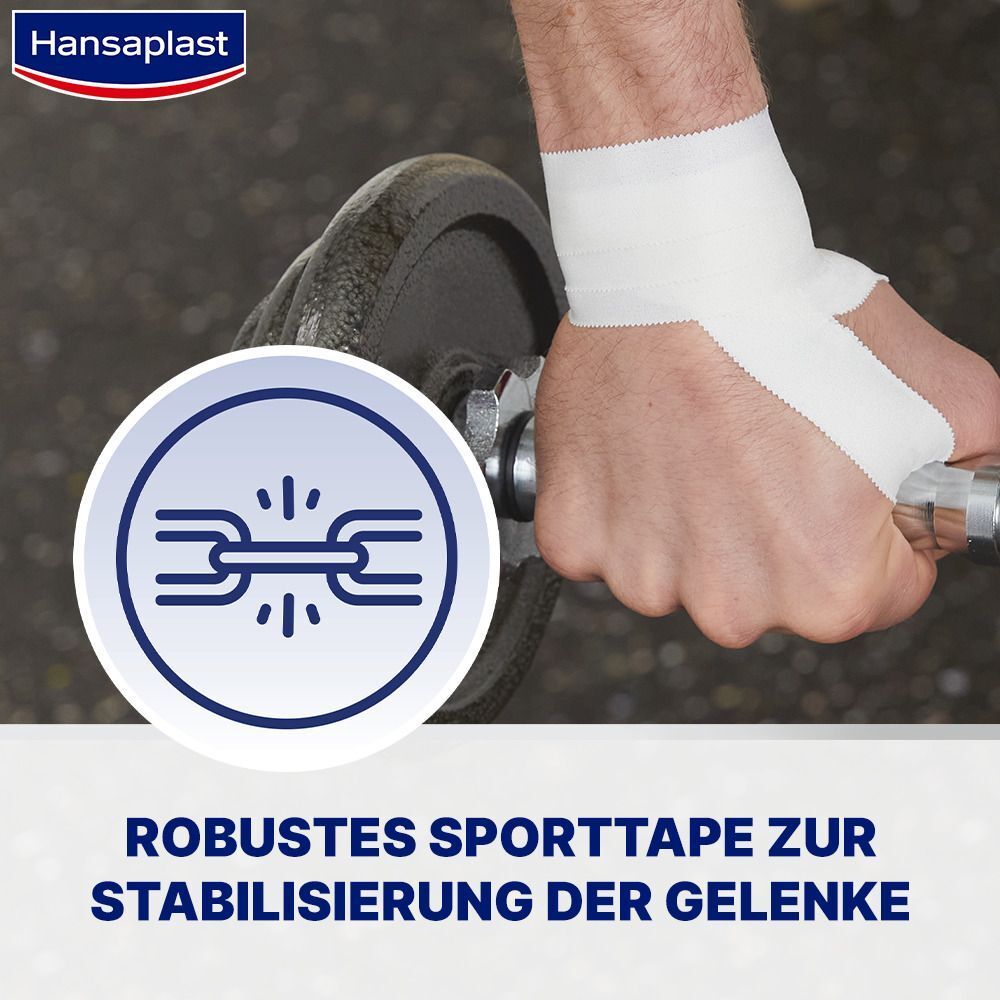 Person hält Hantel mit bandagiertem Handgelenk. Text: Robustes Sporttape zur Stabilisierung der Gelenke. Hansaplast Logo.
