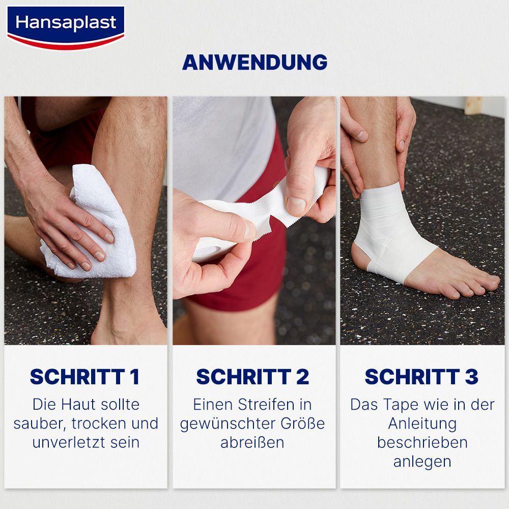 Anwendungsschritte: Haut reinigen, Tape abreißen, Tape anlegen. Gezeigt: Bein, Fuß, Tape.