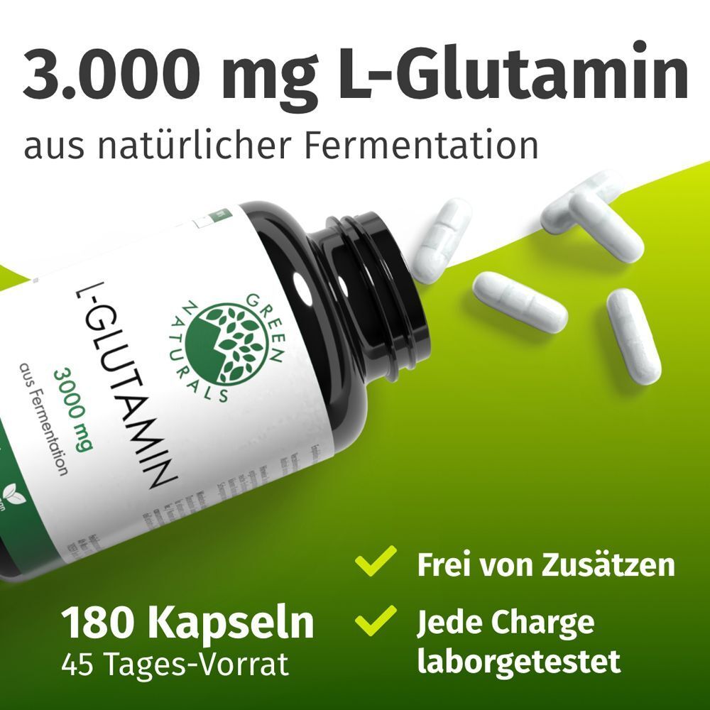 Eine Flasche GREEN NATURALS L-Glutamin 3000 mg und Kapseln. Weiße Kapseln, grüne und weiße Verpackung. Text: 180 Kapseln, 45 Tages-Vorrat.