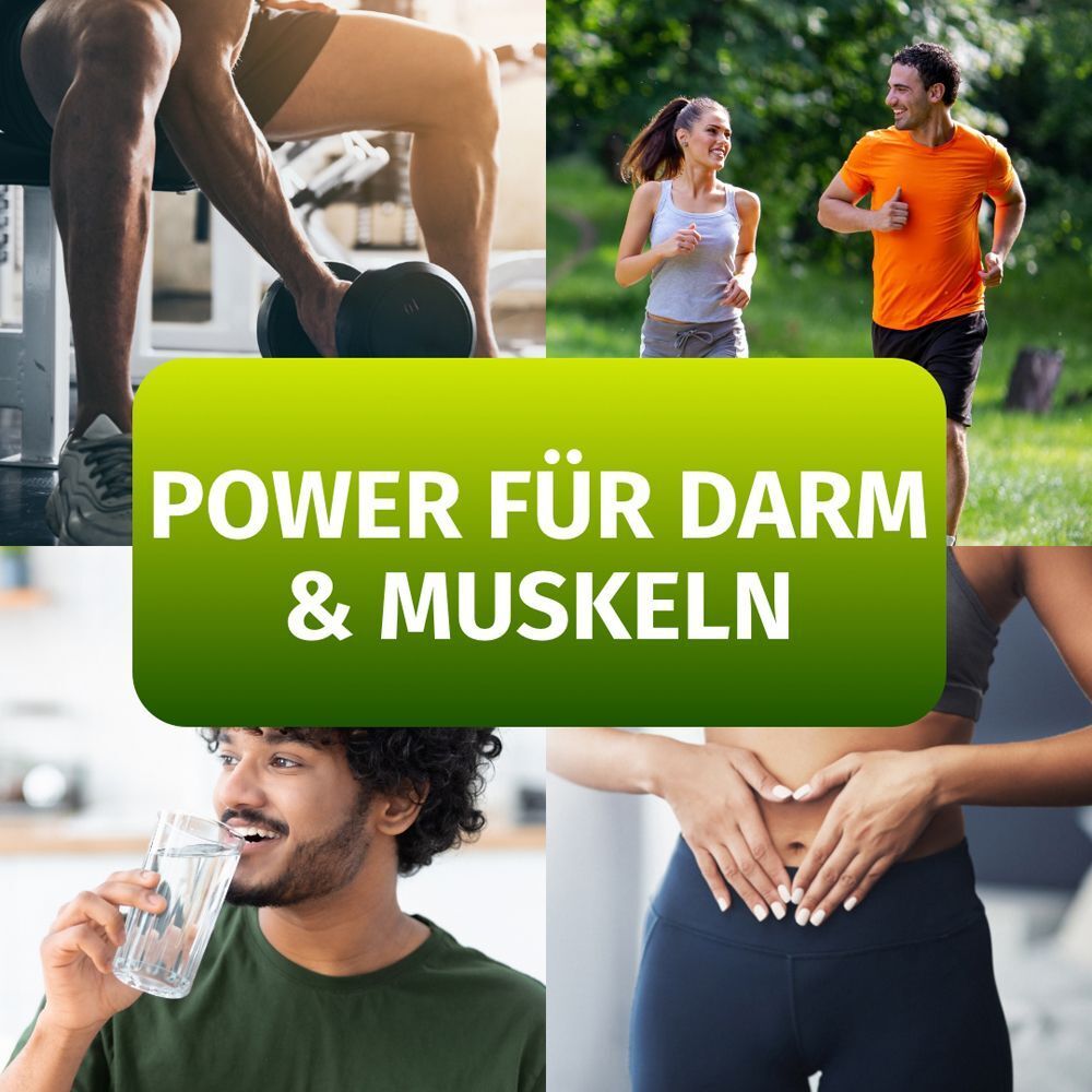 Collage mit vier Bildern. Menschen beim Sport und Trinken. Text: Power für Darm & Muskeln.