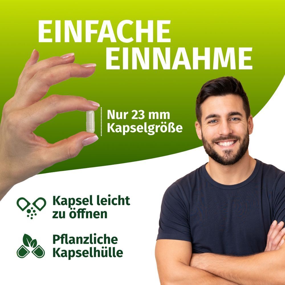 Eine Hand hält eine Kapsel. Text: Einfache Einnahme. Kapsel leicht zu öffnen. Pflanzliche Kapselhülle. Mann im Hintergrund.