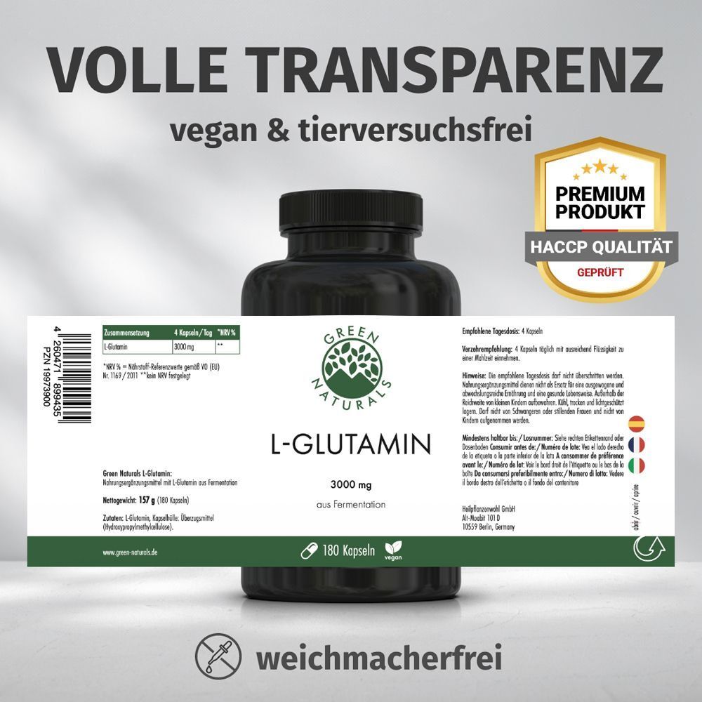 Flasche L-Glutamin mit Etikett. Text: Volle Transparenz, vegan & tierversuchsfrei. Premium Produkt, HACCP Qualität.