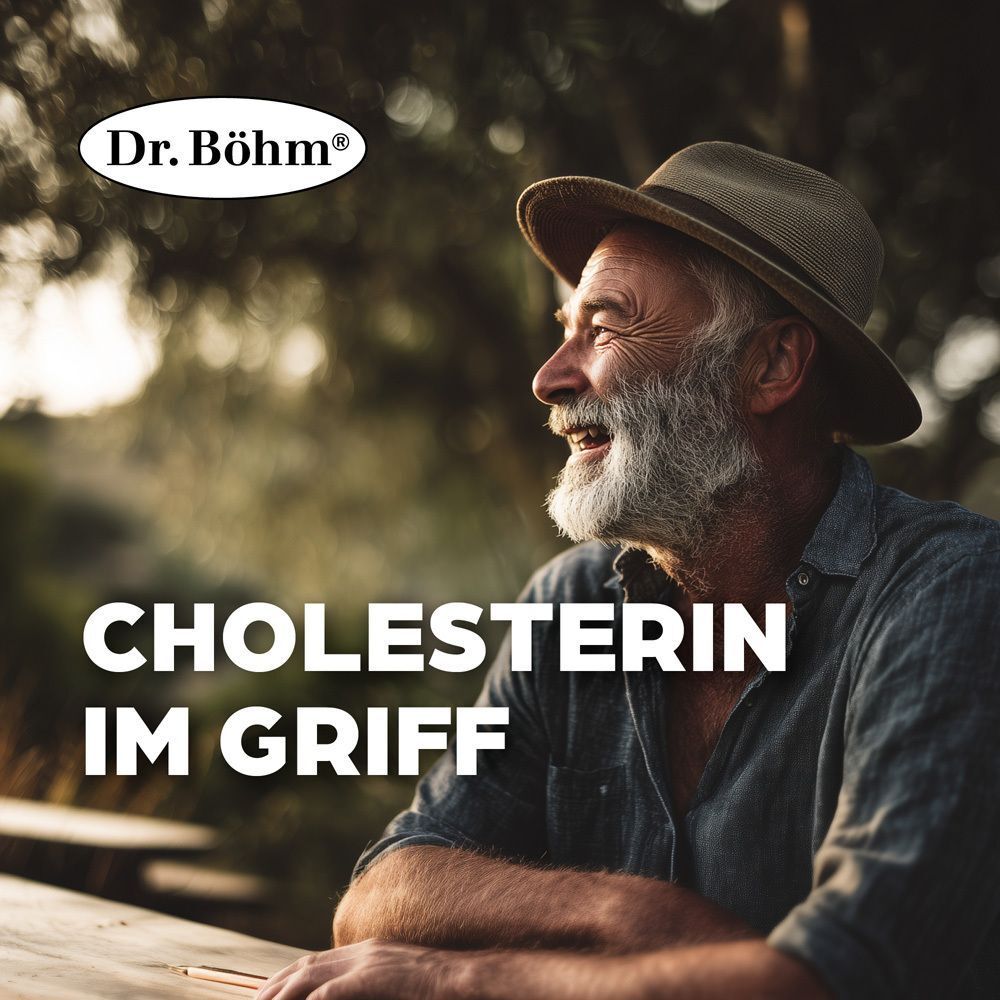 Älterer Mann im Freien. Text: Cholesterin im Griff. Logo: Dr. Böhm®.