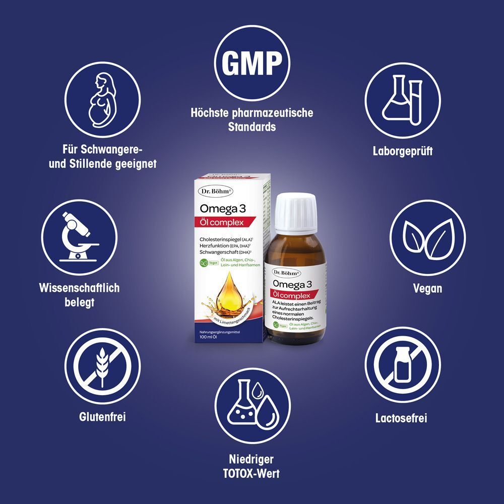 Produkt Dr. Böhm® Omega 3 Öl complex, umgeben von Symbolen: GMP, Schwangerschaft, Laborgeprüft, Vegan, Glutenfrei, Lactosefrei.