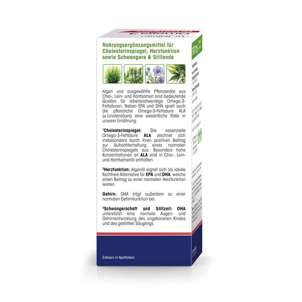 Rückseite der Verpackung von Dr. Böhm® Omega 3 Öl complex. Text: Nahrungsergänzungsmittel für Cholesterinspiegel, Herzfunktion, Schwangere & Stillende.