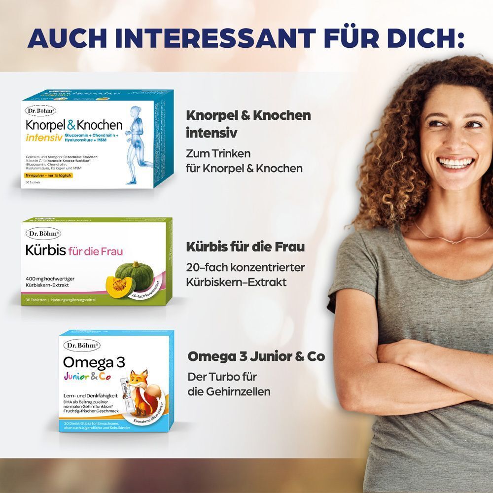 Frau lächelt. Produkte: Knorpel & Knochen intensiv, Kürbis für die Frau, Omega 3 Junior & Co.